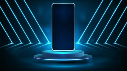 Smartphone on podium in empty blue scene with diagonal blue line neon lamps on background. Smartphone mockup with neon elements
