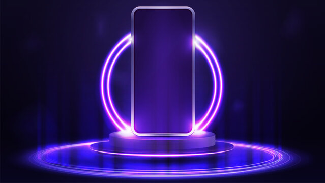 Smartphone Mockup On Empty Purple Podium Floating In The Air With Purple Neon Rings On Background And Hologram Of Digital Rings On A Floor