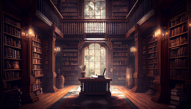 Old library or bookshop with many books on shelves, photo realistic Ai generated image