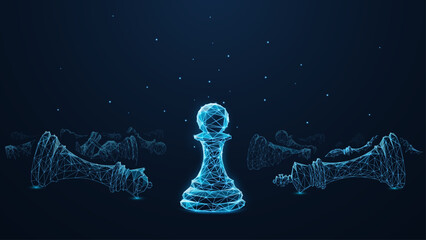 Digital polygonal 3d chess pawn in front of defeated chess pieces isolated in black. Abstract vector illustration consisting of blue lines and dots. Motivation, ambition and success concept wireframe 
