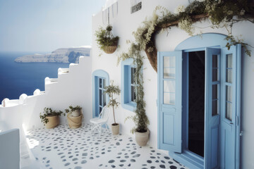 Mediterranean style white elegant house exterior with sea view, blue door and blooming plant climbing a wall. Modern greek architecture. Traditional villa of Santorini. Generative AI, human enhanced