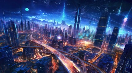 Fototapeta na wymiar Sprawling megacity skyline at night, with towering skyscrapers, holographic billboards, and an intricate network of flying vehicles