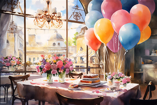 Birthday party table with holiday cake and balloons. Happy Birthday concept Post processed AI generated image.