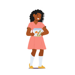 African American Child Girl Character Happily Holds Pet Fish, Creating A Bond Of Friendship And Responsibility