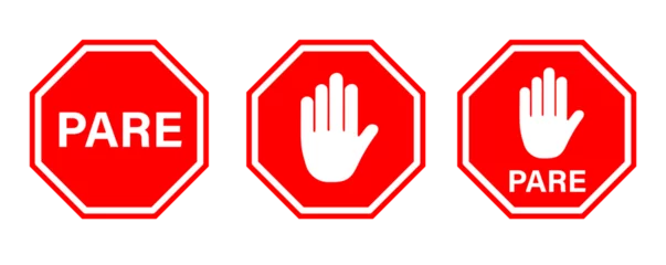 Fotobehang Pare sign (stop sign in Spanish) in red color with a hand sign. Roadside sign icon set. © Gopal