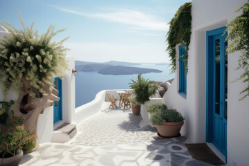 Obraz na płótnie Canvas Mediterranean style white elegant house exterior with sea view, blue door and blooming plant climbing a wall. Modern greek architecture. Traditional villa of Santorini. Generative AI, human enhanced