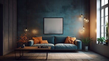 Modern minimalist colored living room. Blue walls, blue sofa with terracotta pillows, wooden coffee table, wooden floor with carpet, pendant lamps, large panoramic window. Mockup, 3D Generative AI