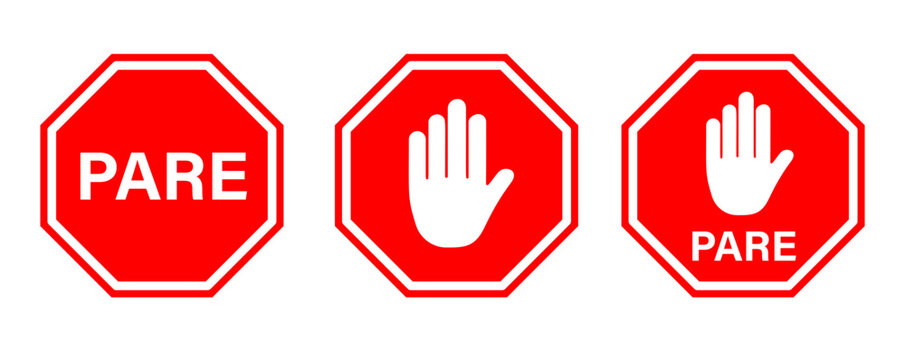 Pare sign (stop sign in Spanish) in red color with a hand sign. Roadside sign icon set.