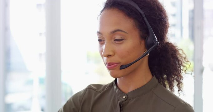 Customer service, call center and woman consulting with smile for discussion, conversation and help. Communication, telemarketing and female worker with headset for contact, crm support and advice