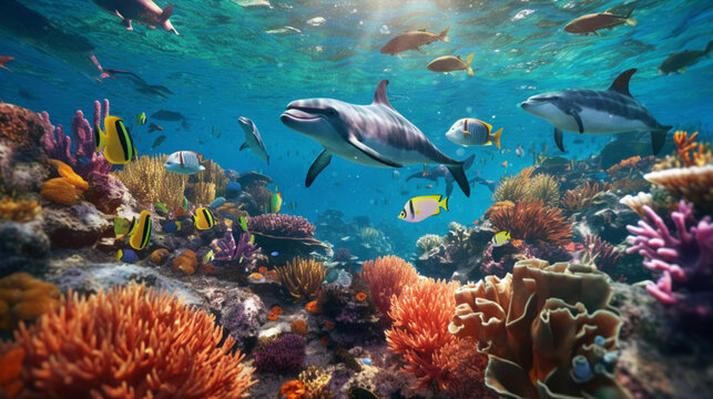 イルカと岩礁の海中環境。電子コラージュの壁紙画像GenerativeAI