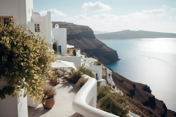 Obraz premium Mediterranean style white elegant house exterior with sea view, blue door and blooming plant climbing a wall. Modern greek architecture. Traditional villa of Santorini. Generative AI, human enhanced