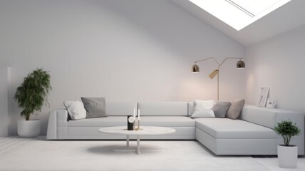 Fototapeta na wymiar Modern minimalist white living room with skylight. White walls, large corner sofa, round coffee table, green plants in white tubs. Mockup, 3D rendering. Generative AI