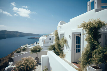 Mediterranean style white elegant house exterior with sea view, blue door and blooming plant climbing a wall. Modern greek architecture. Traditional villa of Santorini. Generative AI, human enhanced