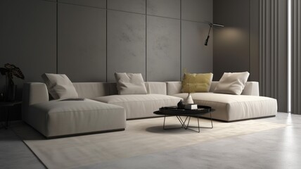 Modern minimalist monochrome living room. Grey wall, large corner sofa, light grey carpet, black round coffee table, wall lamp, large window with grey curtain. Mockup, 3D rendering. Generative AI