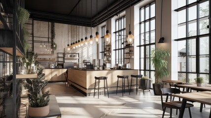 Fototapeta na wymiar Loft style modern coffee shop interior. Gray concrete walls and floors, wooden tables and chairs, open shelves, pendant lights and green plants, huge windows. Hipster lifestyle concept. Generative AI
