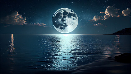 Fototapeta na wymiar Romantic Moon With Clouds And Starry Sky Over Sparkling Blue Water Ai generated image