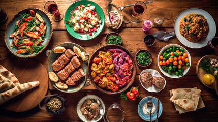 Obraz na płótnie Canvas Lebanese mezze meal on top of wooden table top down view created using generated AI