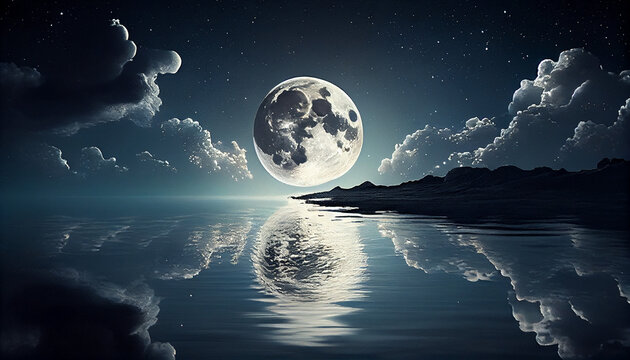Romantic Moon With Clouds And Starry Sky Over Sparkling Blue Water Ai generated image