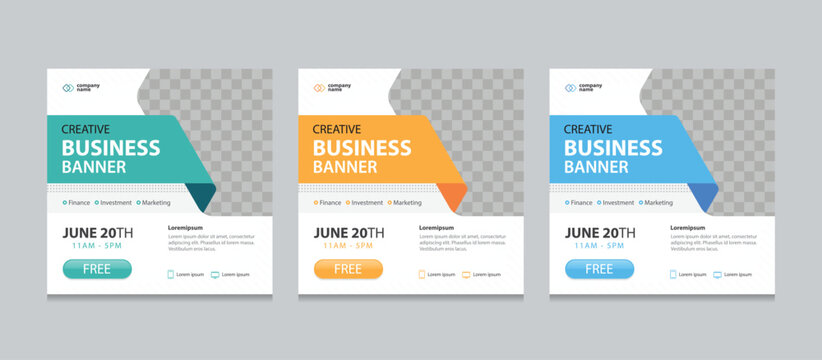 Set of Editable square business web banner design template. Suitable for social media post, instagram story and web ads. Vector illustration with Space to add pictures.