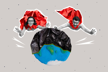 Two superheroes save world collage picture support clean ecosystem polyethylene pollute world...