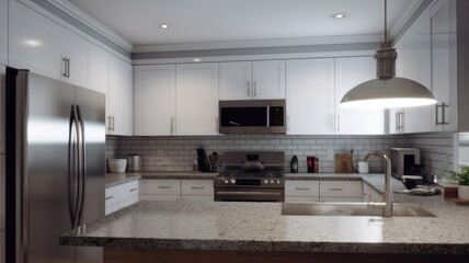 Modern white Scandinavian style kitchen with kitchen island and white marble countertops. Modern kitchen appliances in a spacious kitchen. White tiles on the wall as an imitation of Generative AI