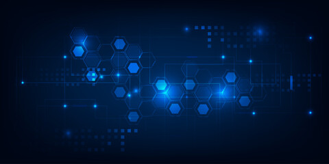 Vector illustrations of abstract dark blue futuristic horizontal space with hi tech element.Digital communication innovations and technology concepts.