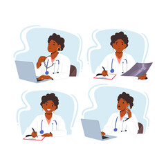 Fototapeta premium Female Doctor Character With Laptop, Utilizing Technology To Enhance Patient Care, Improve Efficiency