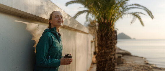 Young fitness woman enjoying coffee after workout, resting at the walkway along the shore.