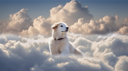 A dog in heaven, in the clouds, in paradise after death, happy, resting, eternal life of the soul. White Angel generated ai.