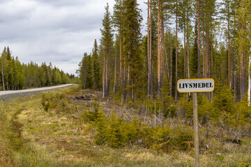 Boliden, Sweden A homemade sign on a country road says Livsmedel in Swedish, which means groceries.
