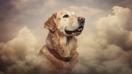 A Old dog in heaven, in the clouds, in paradise after death, happy, resting, eternal life of the soul. generated ai.