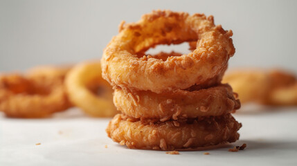 A close up shot of stacked up onion rings against a white background