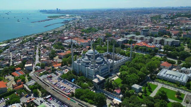  blue mosque in istanbul Türkiye  Aerial flying drone video panorama