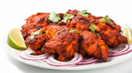 Close up shot of a tandoori chicken on a plate with garnishments - obrazy, fototapety, plakaty