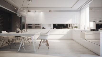 Modern spacious minimalist white kitchen with dining area. White floors, white fasades, white dining table with chairs. 3D rendering. Generative AI