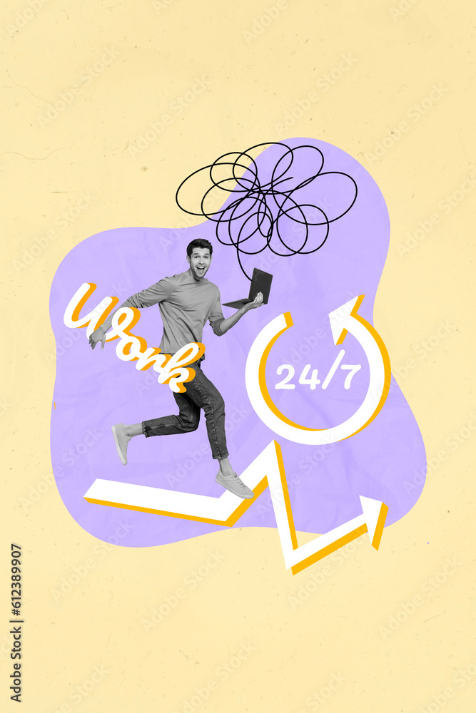 Poster collage picture of young man running with netbook all night day workaholic technical support custome