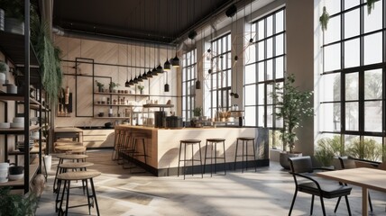 Fototapeta na wymiar Loft style modern coffee shop interior. Gray walls and floors, wooden tables and chairs, open shelves, pendant lights and green plants, huge windows. Hipster lifestyle concept. Generative AI