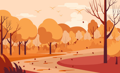 Autumn background illustration of city park scenery with fall leaves in flat vector style