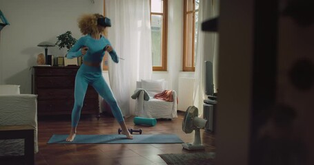 Brazilian Woman Using Virtual Reality Headset in Metaverse for Boxing in Video Game. Woman Fights AI, Scoring Points, Virtual Training, Fitness, Exercise, Online Workout and Future Technology - Powered by Adobe