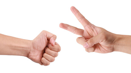 Hand clenched with two fingers raised. play rock-paper-scissors on white background.
