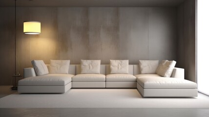 Fototapeta na wymiar Modern minimalist monochrome living room. Grey concrete wall, large corner sofa, light grey carpet, floor lamp, large window. Mockup, 3D rendering. Generative AI