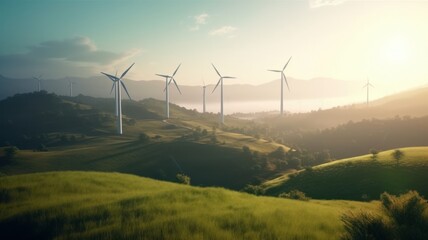 Fototapeta na wymiar Wind turbines on the green hills against the colorful sunset sky. Production of renewable green energy. Sustainable development concept. Mock up, 3D rendering. Generative AI