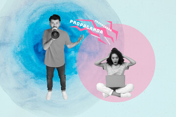 Creative composite photo collage of woman look at laptop watch propaganda news man shout in...