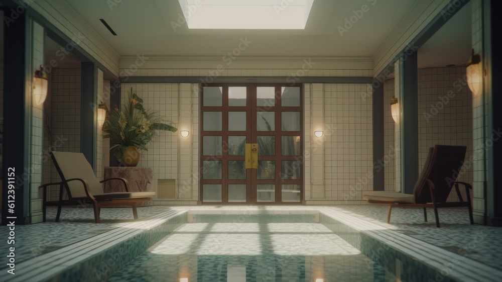 Sticker Indoor swimming pool in a luxury home. White tiles walls, multicolored tiles floor, comfortable loungers, wall lamps, plant in a floor flowerpot. Generative AI - Stickers