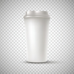 Vector realistic 3d paper coffee cup icon set closeup on transparency grid background. Design template for graphics, mockup. Front view