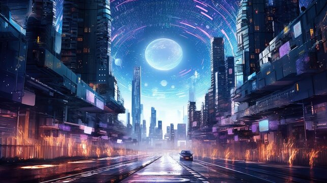 a city street with buildings and a car. Generative AI Art.