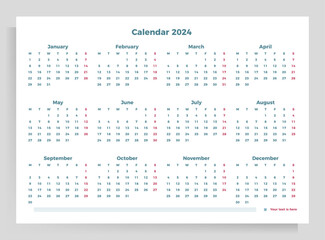 Calendar poster for 2024. Vector horizontal template A4 format.