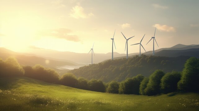 Wind turbines on the green hills against the colorful sunset sky. Production of renewable green energy. Sustainable development concept. Mock up, 3D rendering. Generative AI