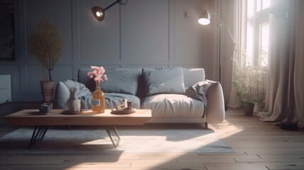 Modern scandi colored living room. Grey wall and sofa, wooden coffee table with vases and candlesticks, wooden floor, carpet, plants in floor pots, grey curtains on the window. Mockup, Generative AI