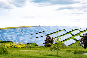 Blue photovoltaic solar panels mounted in the field for producing clean ecological electricity. A...